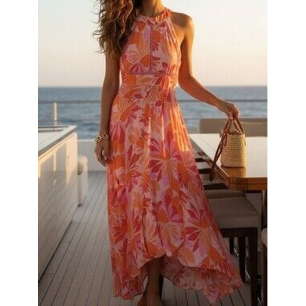 Abel The Label Maxi Dress Womens Size Medium Pink Orange Floral Halter Boho 4F55
